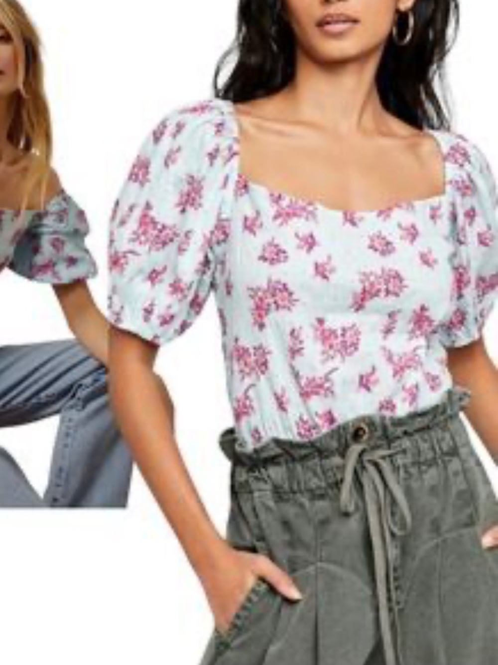 NWT Free People Angela Light Blue Floral Puff-Sleeve Bodysuit size XS/S